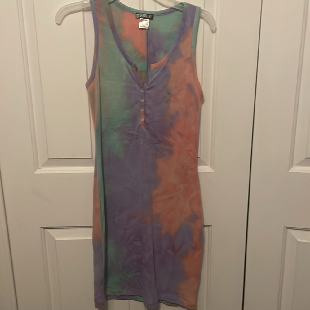 Venus Pink, Purple Teal Sz S  Tie-Dye Button Front Tank Mini Dress GUC B39